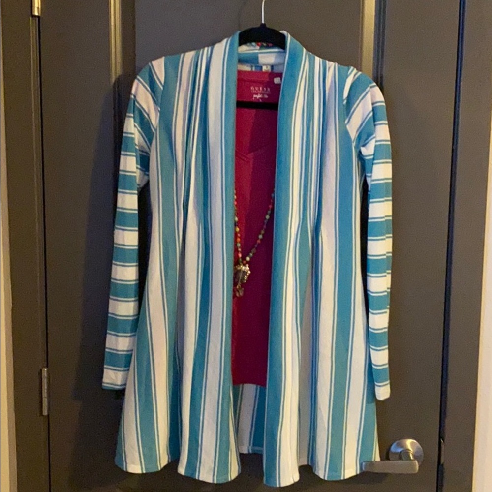 Boutique teal and white striped cardigan